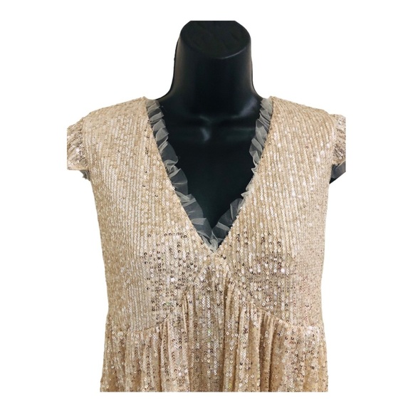 Gold shimmery sequin lace trim v-neck babydoll swing tent dress size medium new - Picture 5 of 16